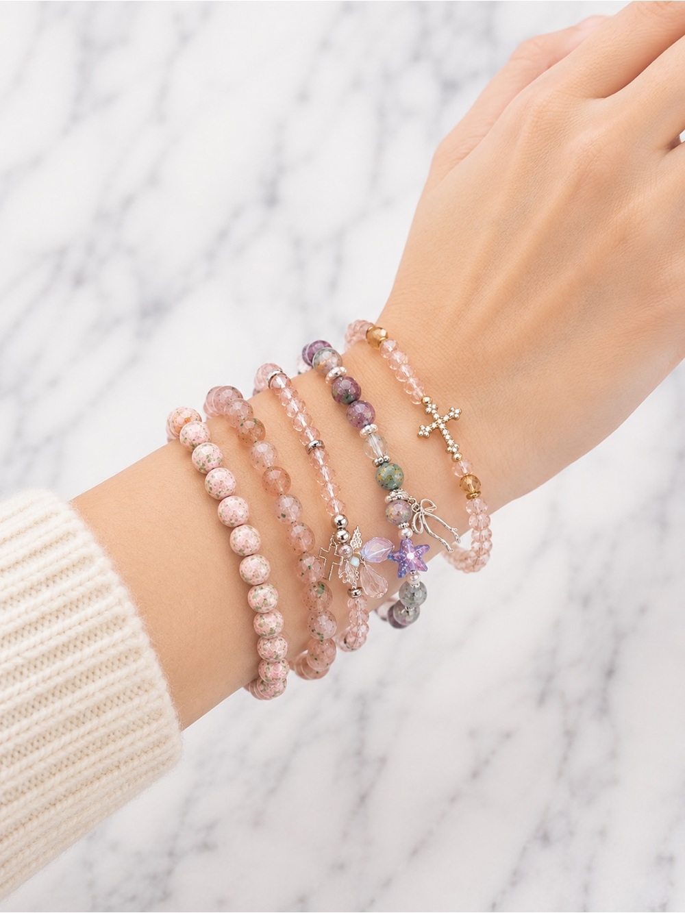 Handmade Beaded Bracelet Stack Set of 5 Pink Pastel Stretch Bracelets Boho Fairy